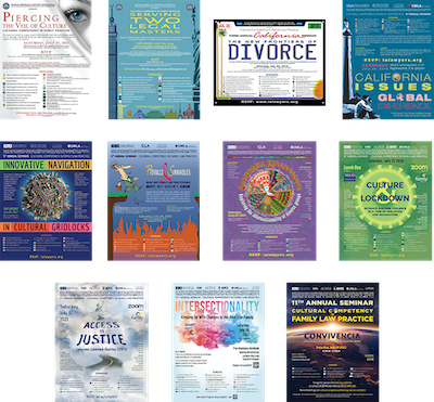 Eleven thumbnails of posters for Cultural Competency in Family Law events